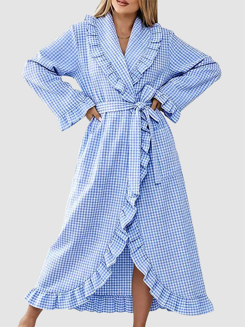 Women Lightweight Long Sleeve Plaid Adjustable Belt Casual Sleep Bath Robe