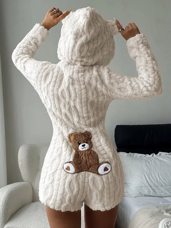 Cute Teddy Bear  Hooded Fleece Romper