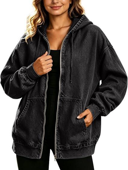 Oversized Zip Up Hooded Denim Jacket