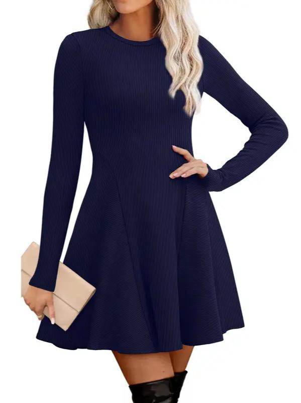 Women Crew Neck Long Sleeve Fit‑and‑Flare A‑Line Sweater Dress