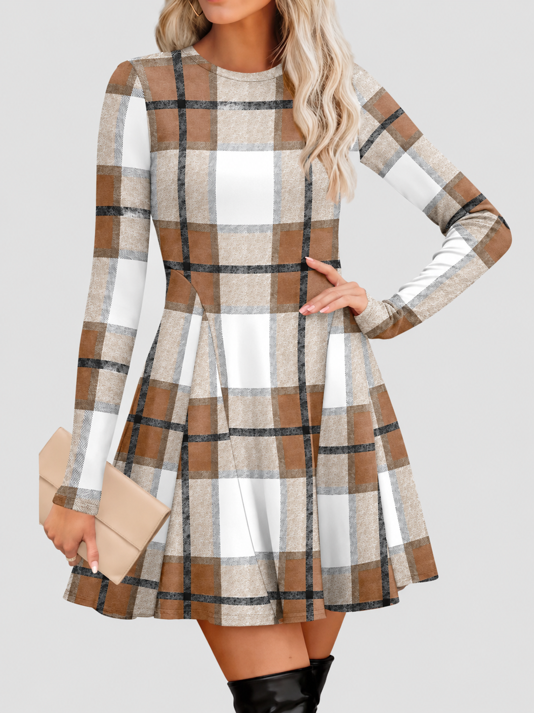 Women Crew Neck Long Sleeve Fit‑and‑Flare A‑Line Sweater Dress
