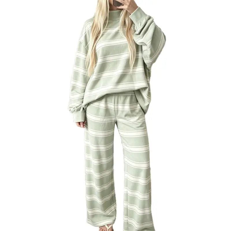 Women Striped Mock Neck 2 Piece Lounge Matching Set