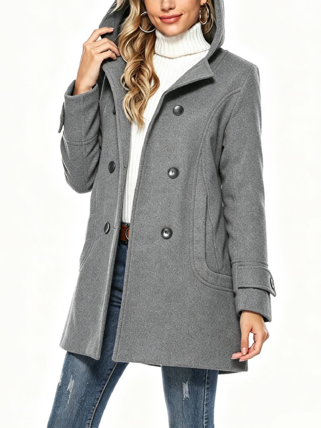 Women's Hooded Wool Blend Coat Mid Long Peacoats