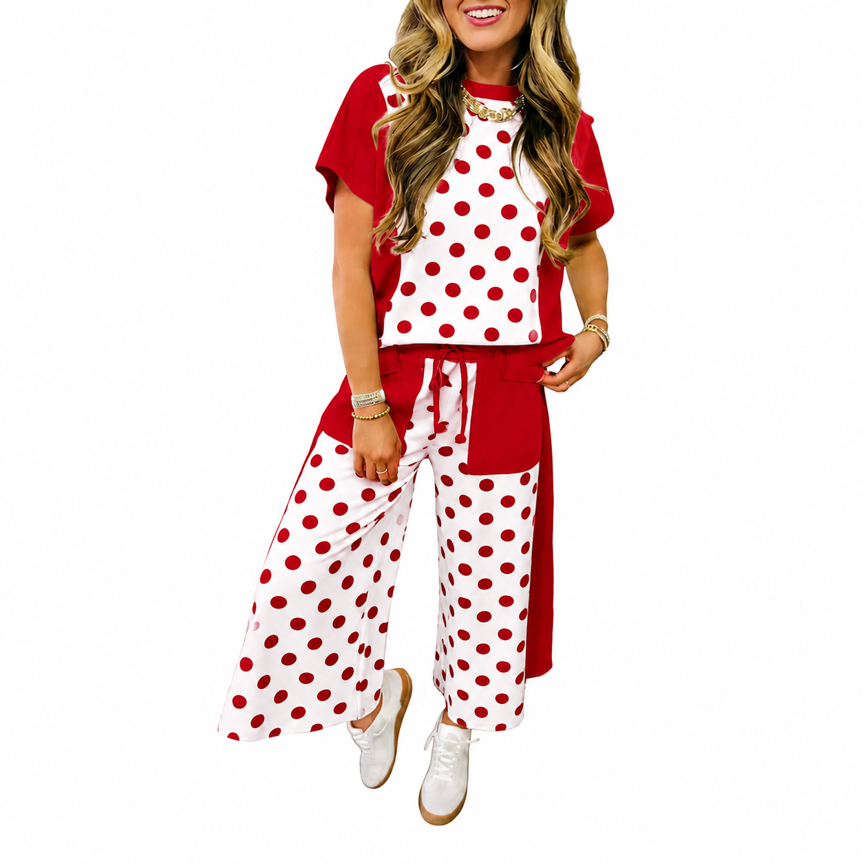 Crew Neck Drop Shoulder Polka Dot Color Block 2 Piece Outfit
