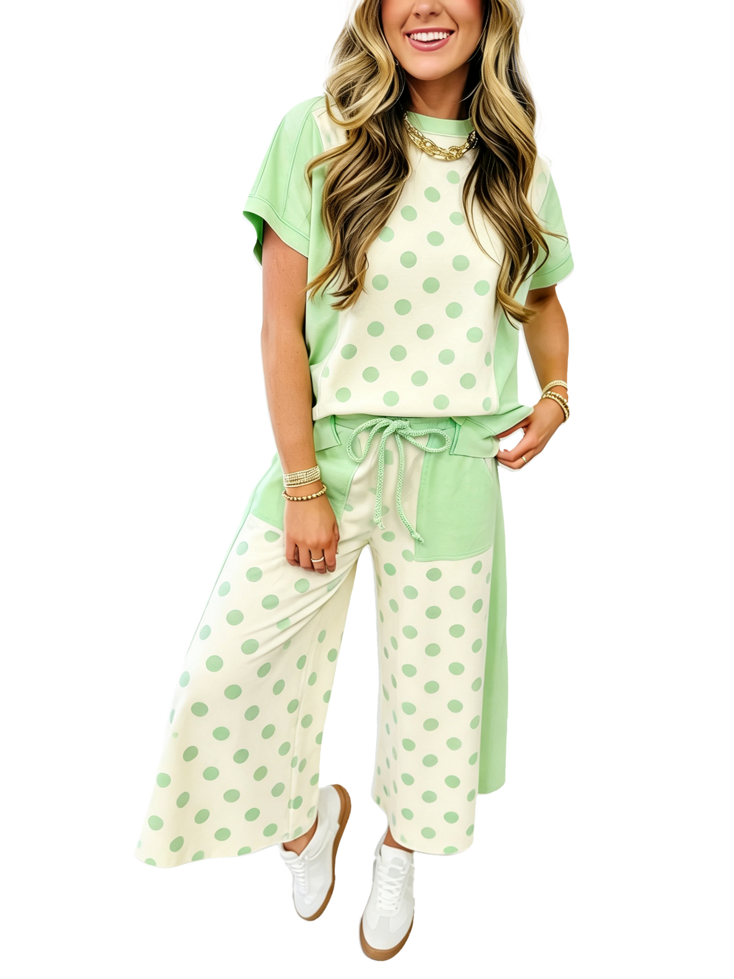 Crew Neck Drop Shoulder Polka Dot Color Block 2 Piece Outfit