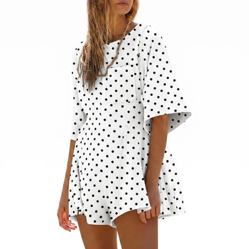 Crew Neck Short Sleeve Loose Casual Romper With Front Pockets