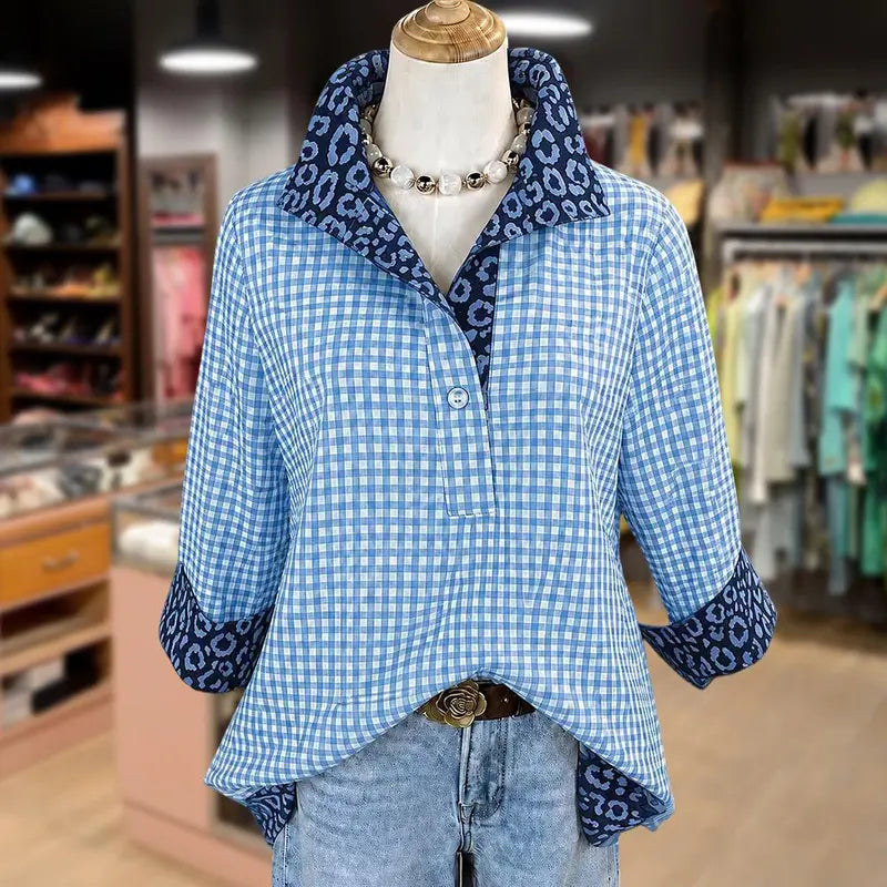 Women Gingham Blouse With Leopard Contrast Collar 3/4 Sleeve