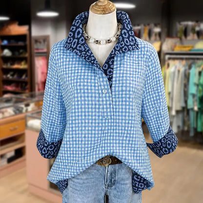 Women Gingham Blouse With Leopard Contrast Collar 3/4 Sleeve