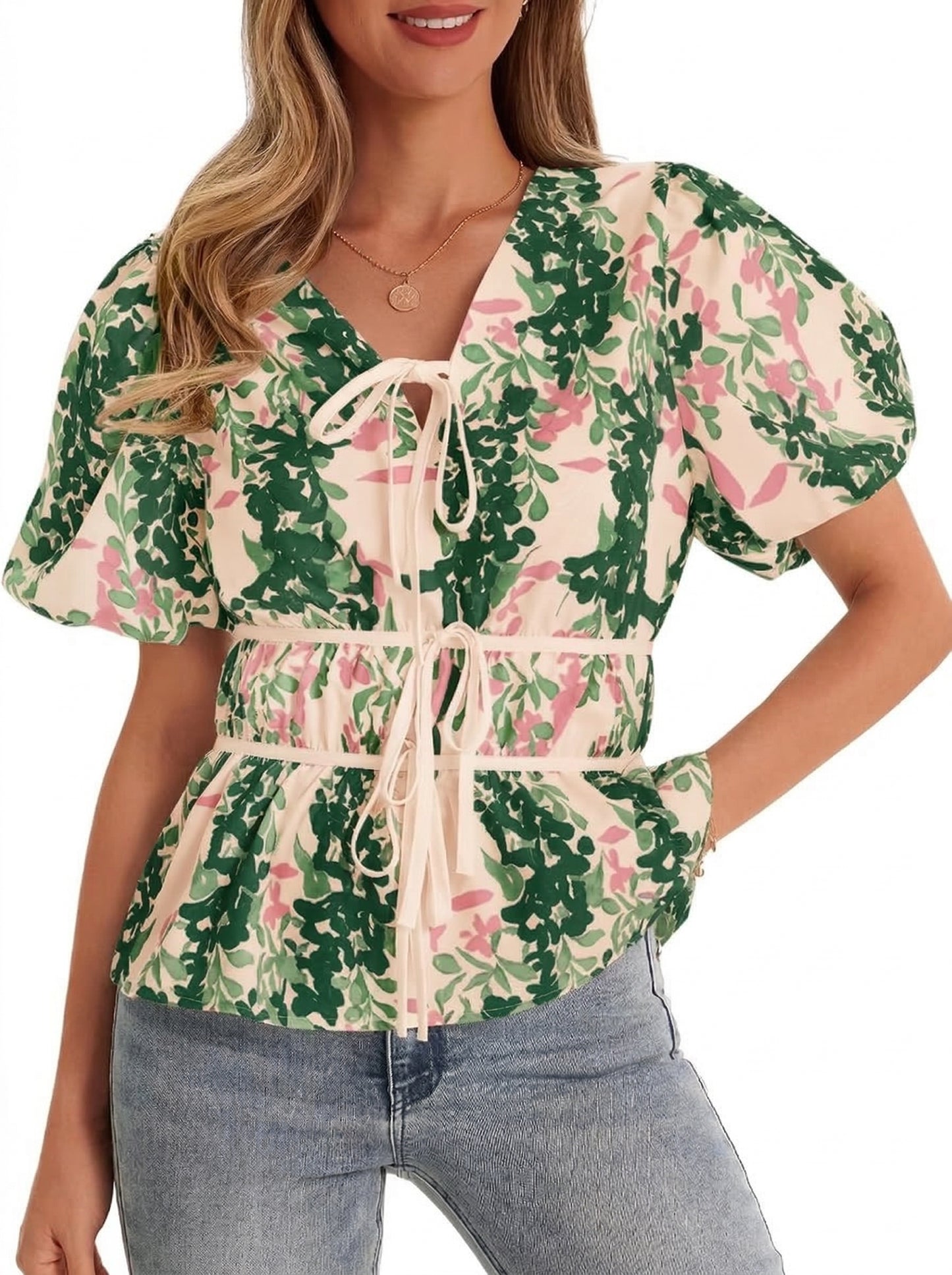 Women Floral Polka Dot Leopard Puff Sleeve V Neck Tie Front Peplum Blouse