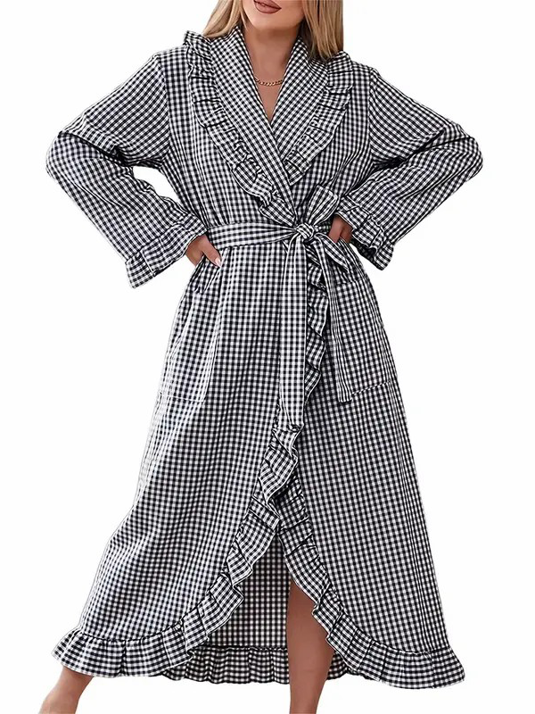 Women Lightweight Long Sleeve Plaid Adjustable Belt Casual Sleep Bath Robe