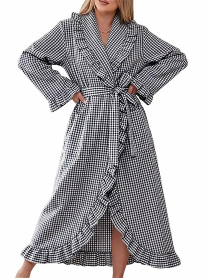 Women Lightweight Long Sleeve Plaid Adjustable Belt Casual Sleep Bath Robe