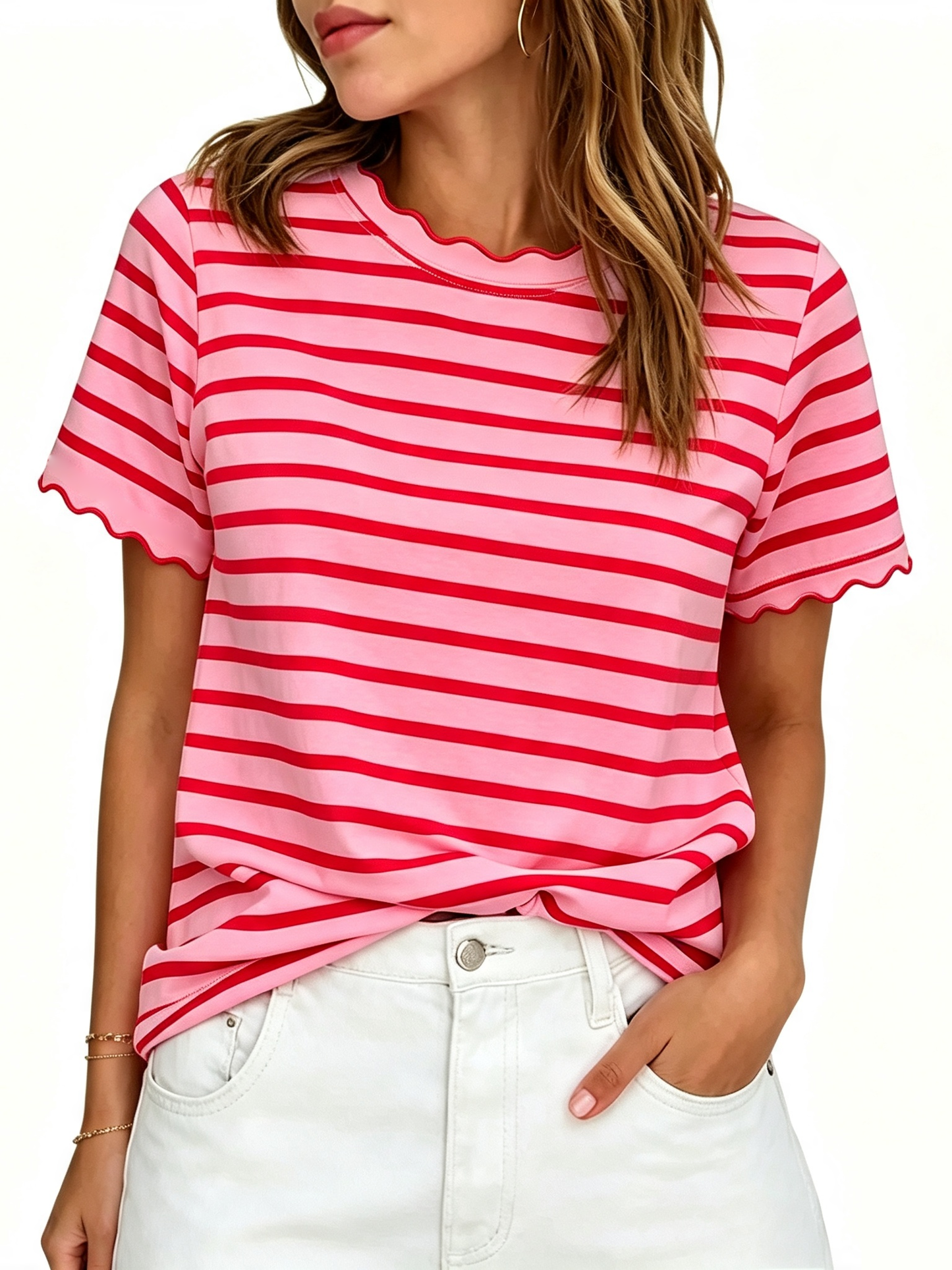 Women's Scalloped Crew Neck Striped T-Shirt