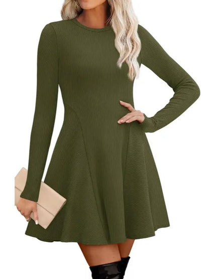 Women Crew Neck Long Sleeve Fit‑and‑Flare A‑Line Sweater Dress