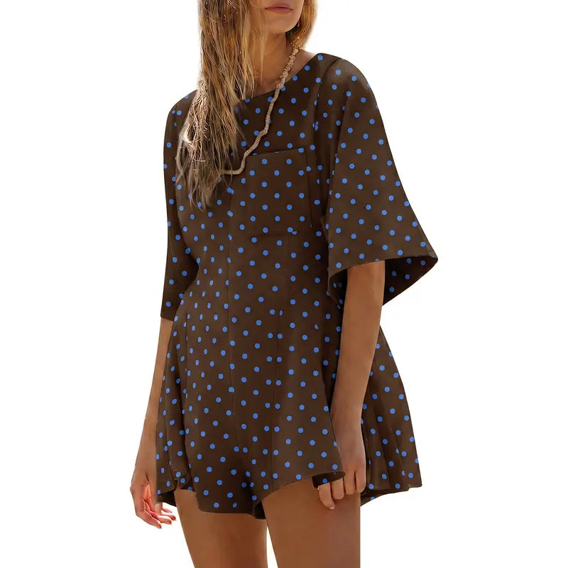 Crew Neck Short Sleeve Loose Casual Romper With Front Pockets