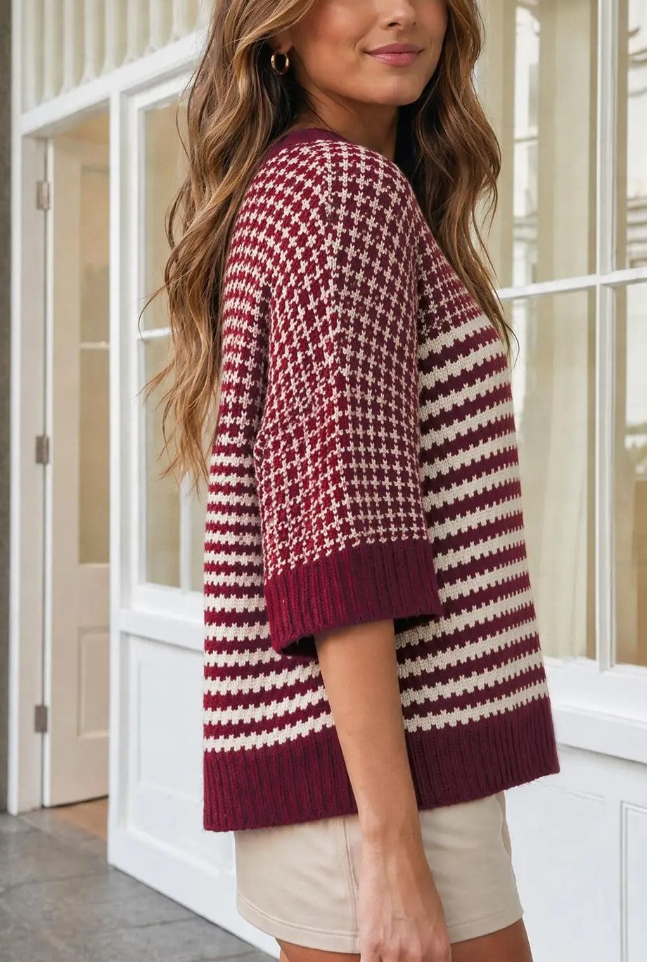 Raglan Half Sleeve Striped Splice Knit Sweater