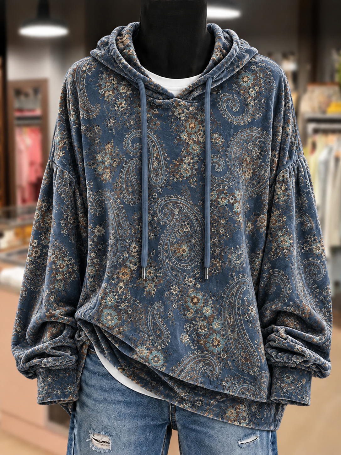 Hot Sale-Women Vintage Paisley Print Velvet Hoodie Top