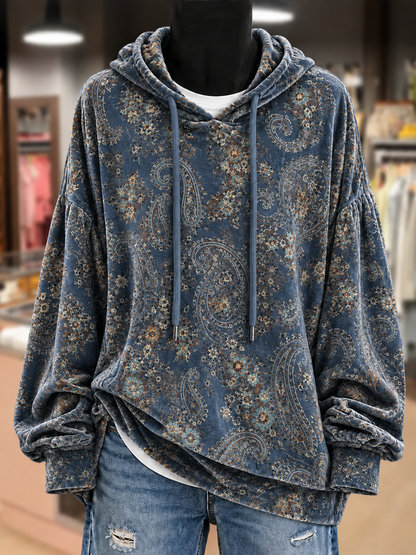 Hot Sale-Women Vintage Paisley Print Velvet Hoodie Top