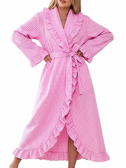 Women Lightweight Long Sleeve Plaid Adjustable Belt Casual Sleep Bath Robe