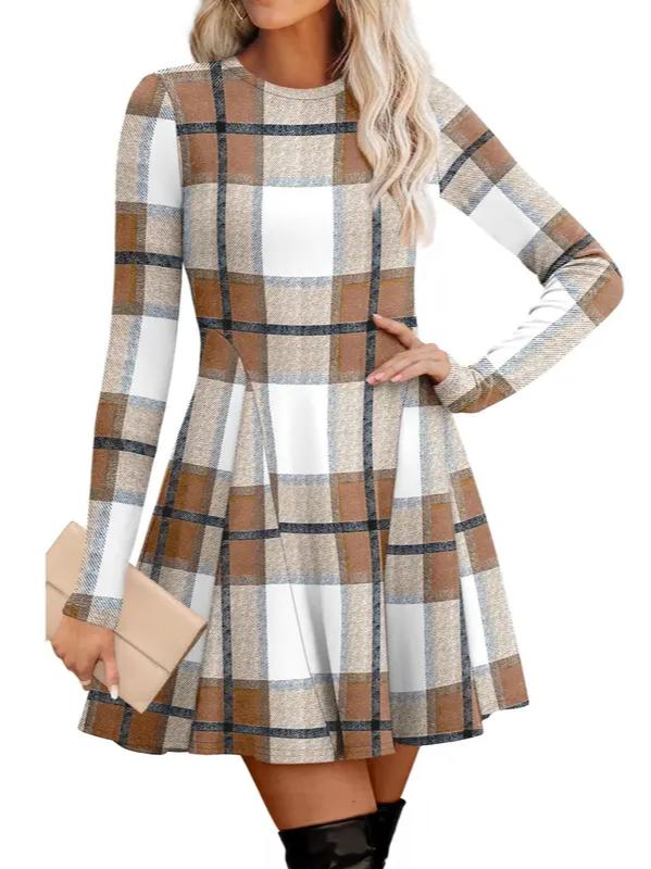 Women Crew Neck Long Sleeve Fit‑and‑Flare A‑Line Sweater Dress