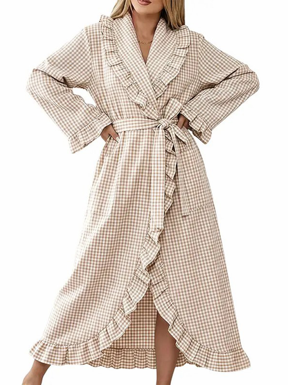 Women Lightweight Long Sleeve Plaid Adjustable Belt Casual Sleep Bath Robe