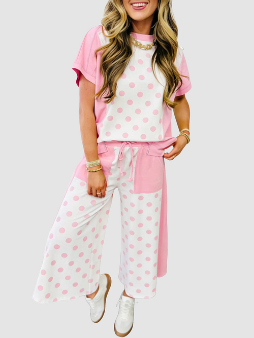 Crew Neck Drop Shoulder Polka Dot Color Block 2 Piece Outfit
