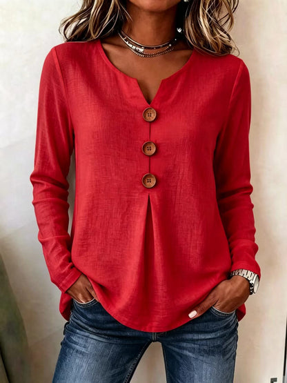 Retro Large Button V Neck Casual Long Sleeve Shirt