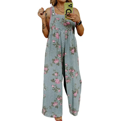Women's Trendy High Waist Wide Leg Denim Jumpsuit Beau Blue Floral Print Pleated Detail