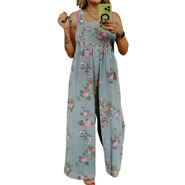 Women's Trendy High Waist Wide Leg Denim Jumpsuit Beau Blue Floral Print Pleated Detail
