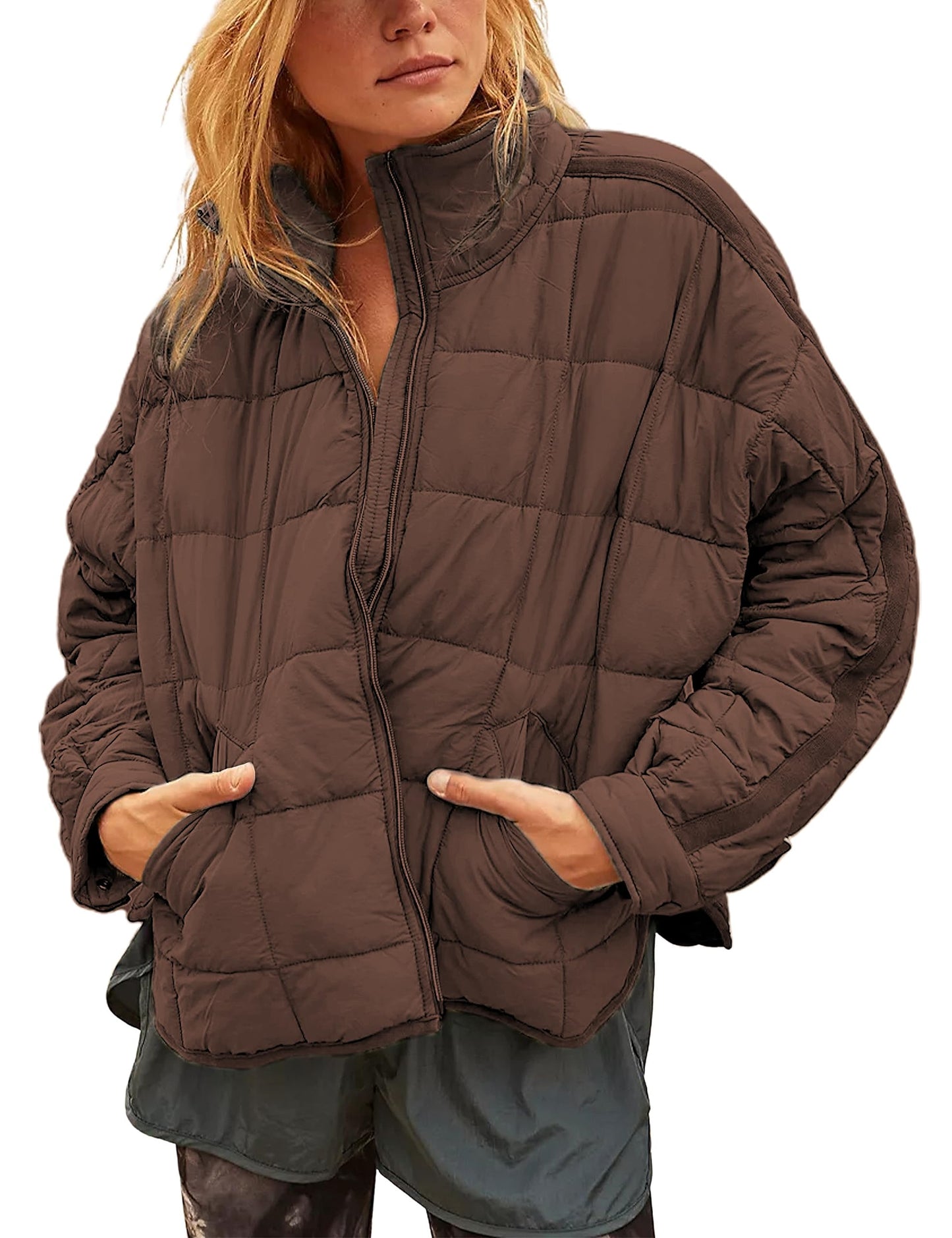 Women Lightweight Loose‑Fit Long‑Sleeve Zip Front Quilted Puffer Jacket