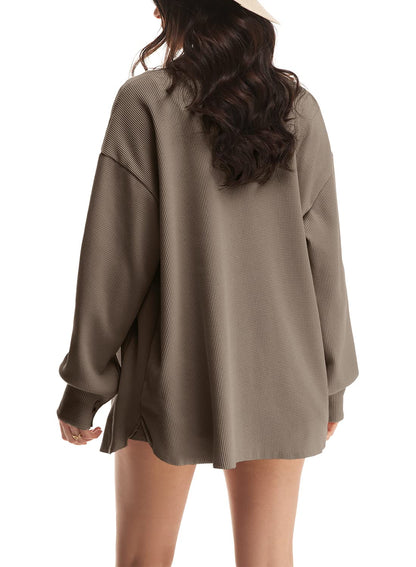 ✨Women's Loose Fit Batwing Sleeve Waffle Knit Button Down Shirt Shacket Tops