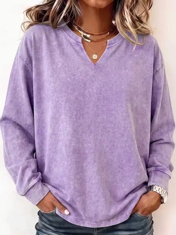 Vintage Washed Cotton Split V Neck Sweatshirt