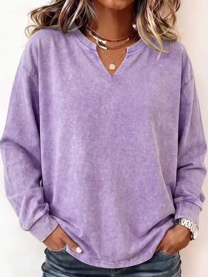 Vintage Washed Cotton Split V Neck Sweatshirt