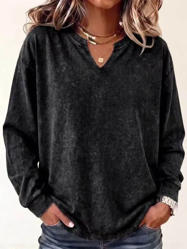 Vintage Washed Cotton Split V Neck Sweatshirt