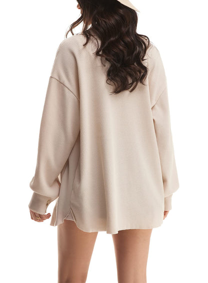 ✨Women's Loose Fit Batwing Sleeve Waffle Knit Button Down Shirt Shacket Tops