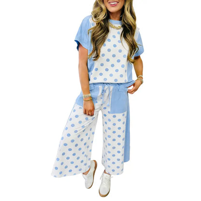 Crew Neck Drop Shoulder Polka Dot Color Block 2 Piece Outfit