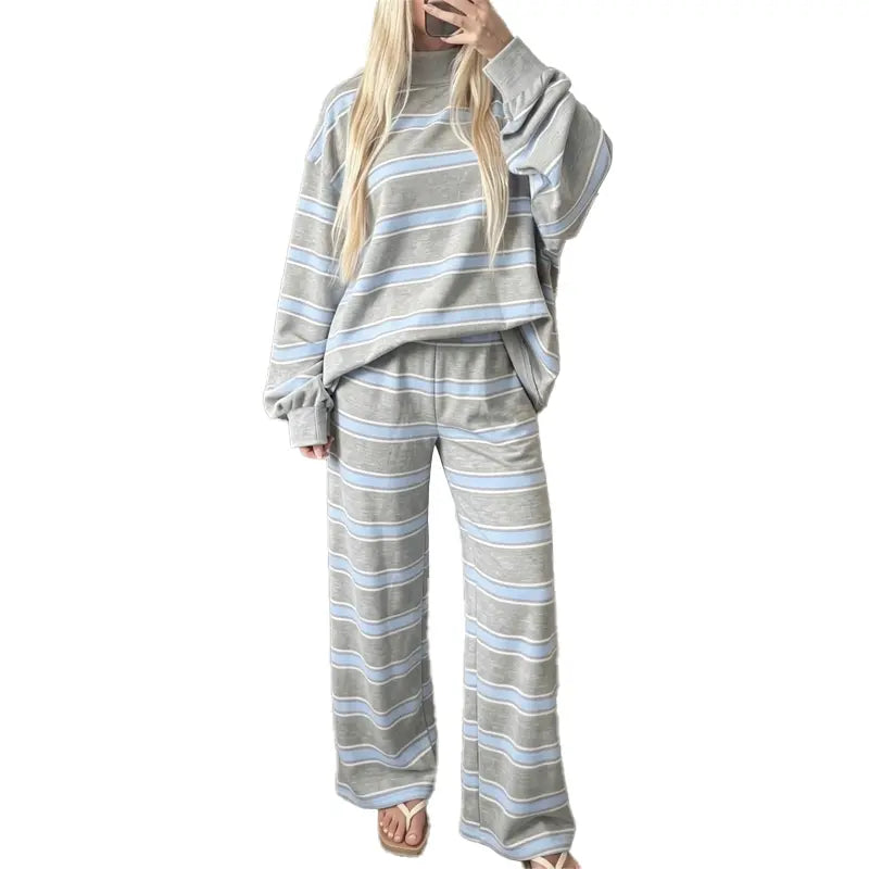 Women Striped Mock Neck 2 Piece Lounge Matching Set