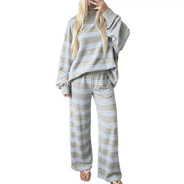 Women Striped Mock Neck 2 Piece Lounge Matching Set