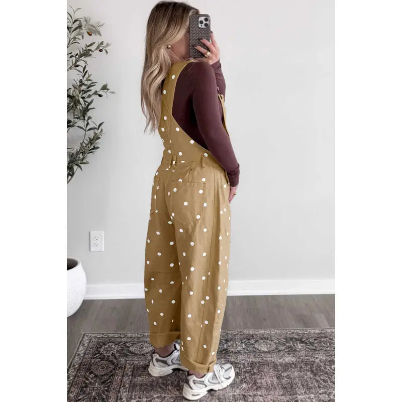 Women Loose Wide Leg Polka Dot Denim Overalls With Pockets