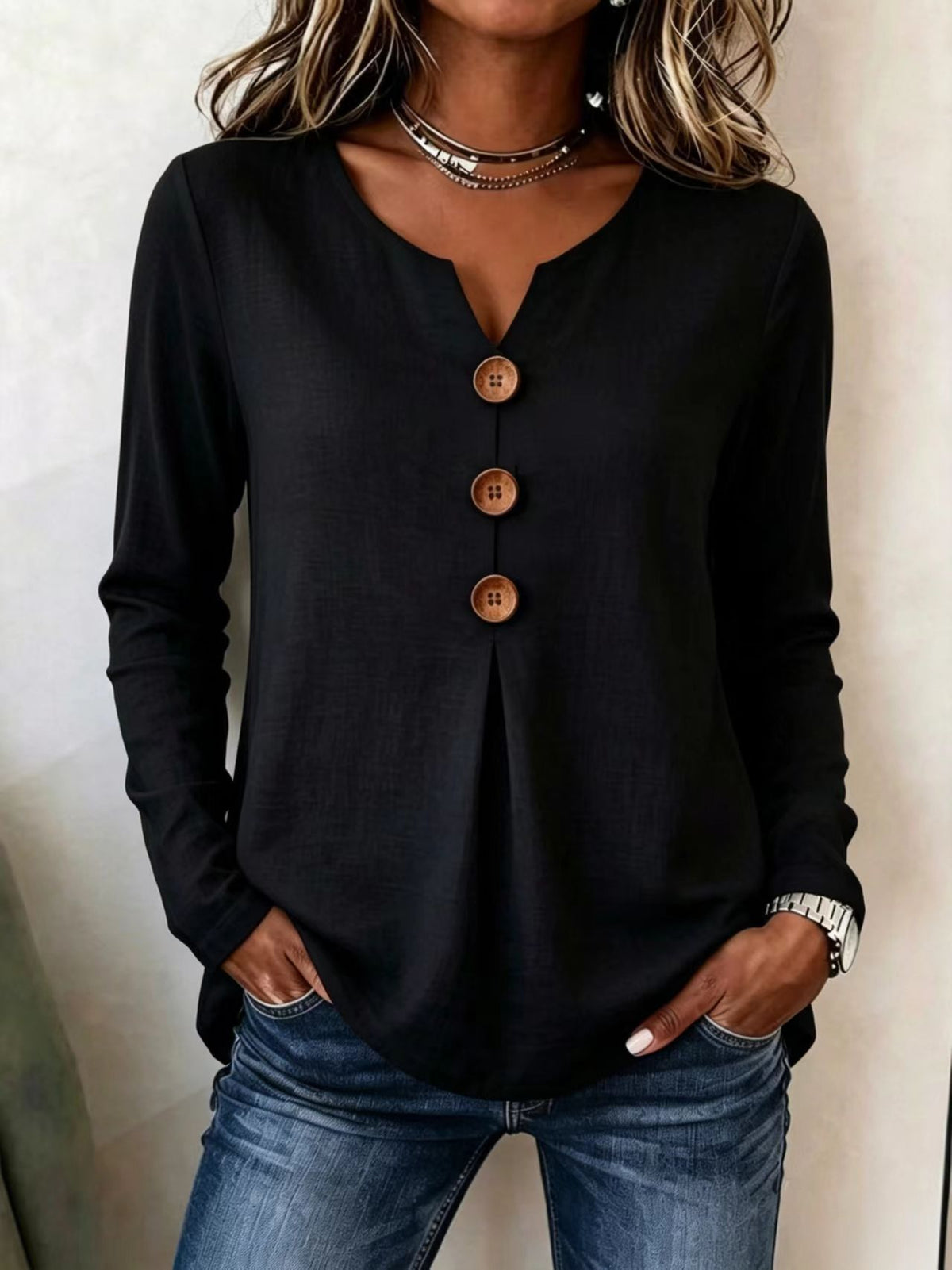 Retro Large Button V Neck Casual Long Sleeve Shirt
