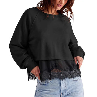 Women Oversized Pullover Sweatshirt with Lace Hem
