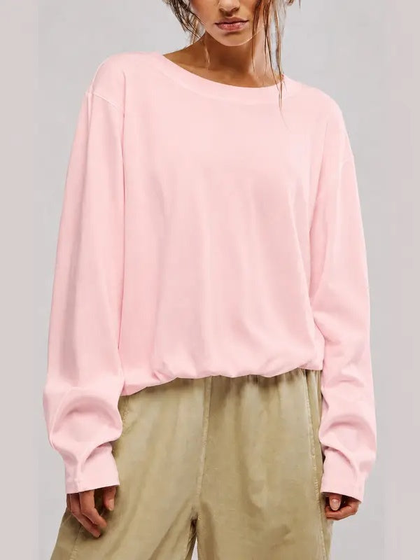 Cozy Solid Color Crewneck Pullover with Elastic Hem