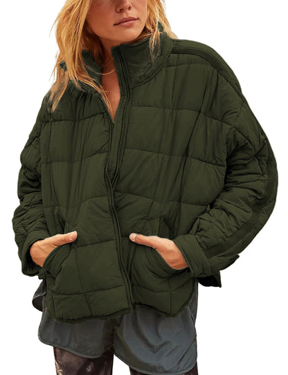 Women Lightweight Loose‑Fit Long‑Sleeve Zip Front Quilted Puffer Jacket
