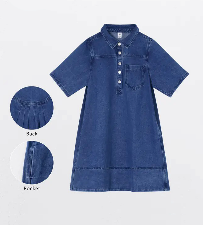 Women Collar Half Button  Loose Denim Shirt Dress With Pocket