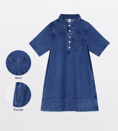 Women Collar Half Button  Loose Denim Shirt Dress With Pocket