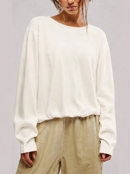 Cozy Solid Color Crewneck Pullover with Elastic Hem