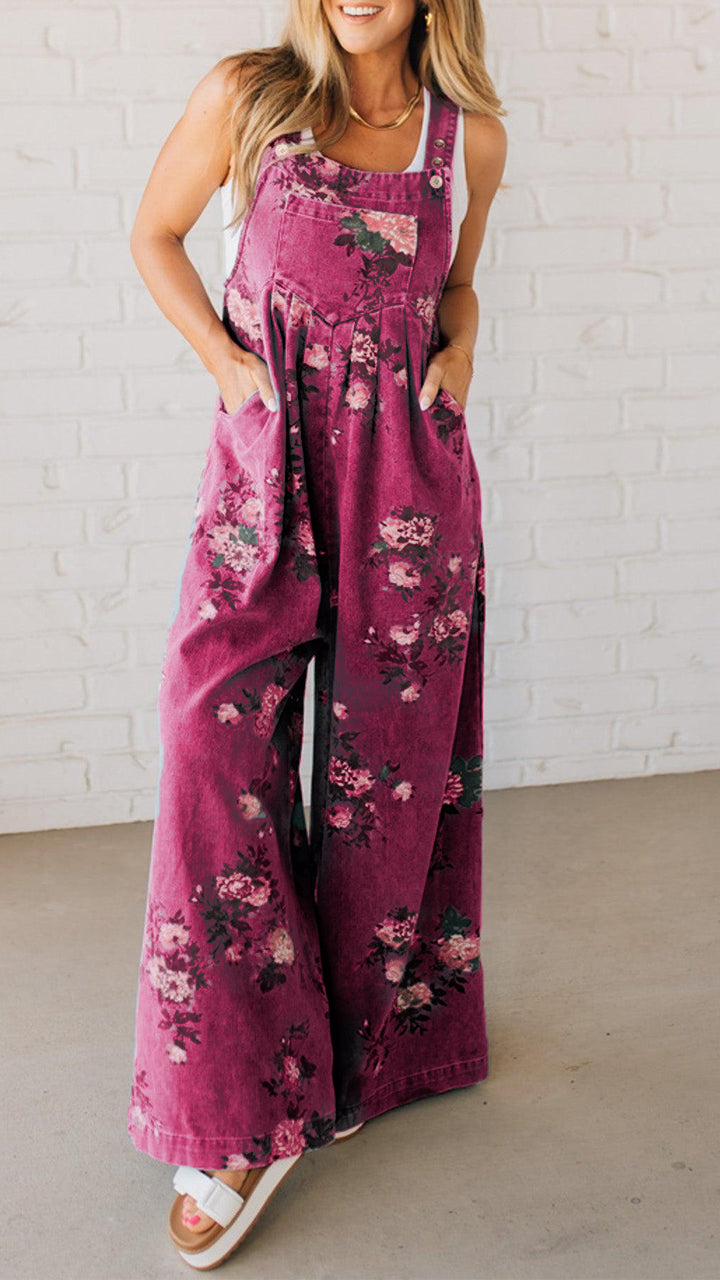 Women's Trendy High Waist Wide Leg Denim Jumpsuit Beau Blue Floral Print Pleated Detail