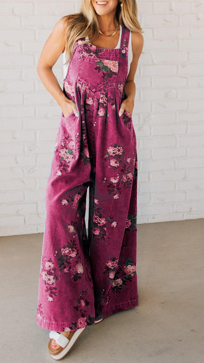 Women's Trendy High Waist Wide Leg Denim Jumpsuit Beau Blue Floral Print Pleated Detail