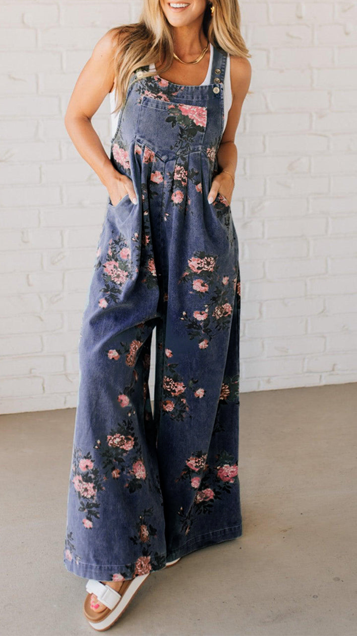 Women's Trendy High Waist Wide Leg Denim Jumpsuit Beau Blue Floral Print Pleated Detail