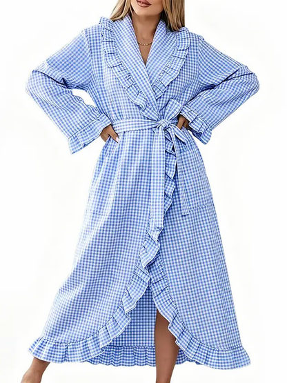 Women Lightweight Long Sleeve Plaid Adjustable Belt Casual Sleep Bath Robe