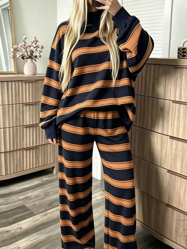 ⏰Hot Sale-Women Striped Mock Neck 2 Piece Lounge Matching Set